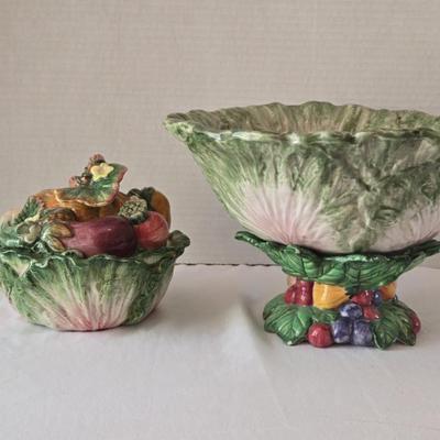 Fitz & Floyd Cabbage Bowl W/Lid & Pedestal Bowl