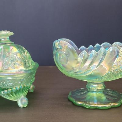 Fenton Green Iridescent Lidded Candy Dish & Willow Green Iridescent Nautilus Shell Pedestal Bowl