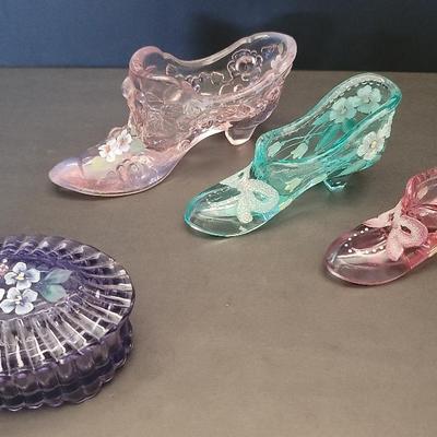 Four Piece Fenton Lot. Oval Glass Amethyst Lidded Trinket Box Plus Three Glass Shoes/Slippers 