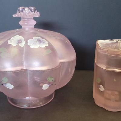 Two Piece Fenton Pink Chiffon Spring Splender Covered Candy Dish & Apothecary Jar