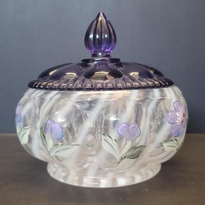  Fenton Opalescent Lidded Powder Jar Hand Painted Flowers Signed By Artist 