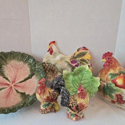 Fitz & Floyd  Classics Rooster Set, Leaf Dish, Vista Bella Egg Platter & Cabbage Leaf Bowl