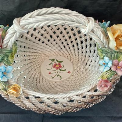 Capodimonte Basket Weave Floral Basket Porcelain 