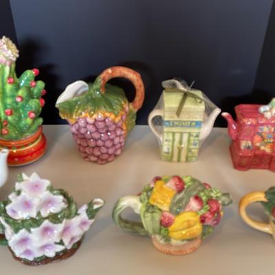 Cactus Decor, Grapes Pitcher, Plus 6 Decorative Teapots