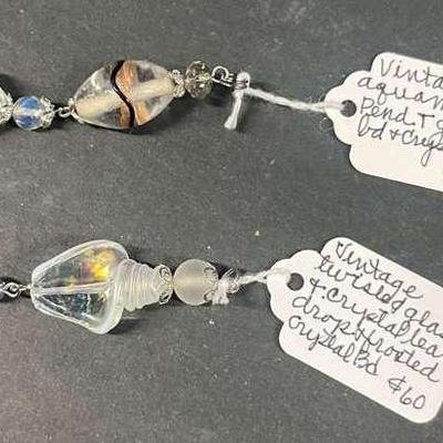 HHC408 Myrna Lee Chang Vintage Twisted Glass And Crystal Teardrop Pendant And Glass And Crystal Pend