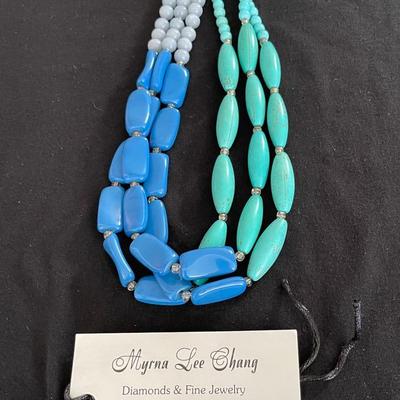 HHC498 - Myrna Lee Chang 3-Stranded Blue /Turquoise Necklace  9”