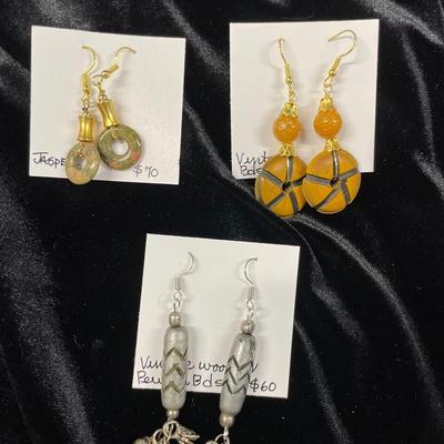 HHC432 - Myrna Lee Chang Earrings - Wood, Pewter, Jasper  Dangles 