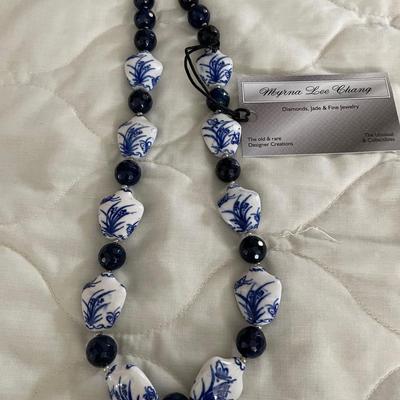HHC501 - Myrna Lee Chang Blue & White Porcelain /Crystal Necklace 10 1/2”