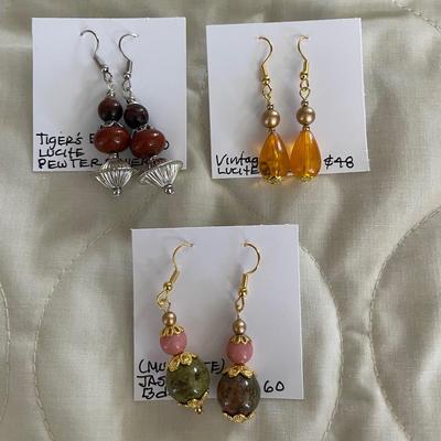 HHC508 - Myrna Lee Chang  Vintage Tiger’s Eye, Jasper, & Lucite Earrings 