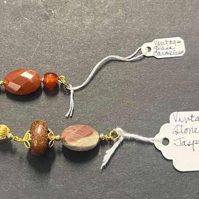 HHC412 Myrna Lee Chang Vintage Gold Stone And Jasper Pendant And Vintage Glass Carnelian 
