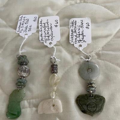 HHC578 - Myrna Lee Chang Snake & Fu Dog Jade, Pewter, & Jasper Beaded Pendants 