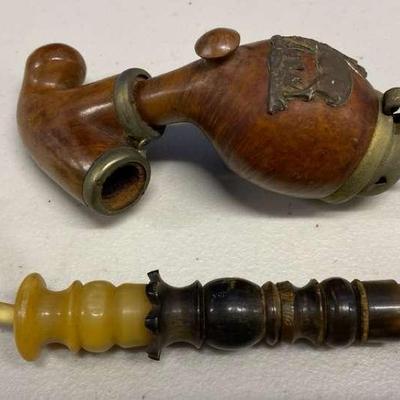 HHC139 - Two Antique Tobacco Pipes - Hand-Carved Wood & Ivory-Like, Horn