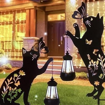 HHC214 Two Metal Cats Holding Solar Lanterns Lawn Art New