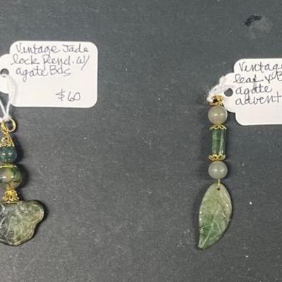 HHC475 Myrna Lee Chang Vintage Jade W/ Agate Pendent And Vintage Jade Leaf W/ Agate Pendant 