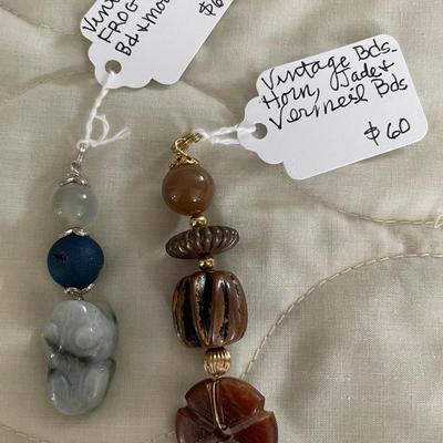 HHC504 - Myrna Lee Chang Jade Frog, Moonstone, & Horn Beaded Pendants 