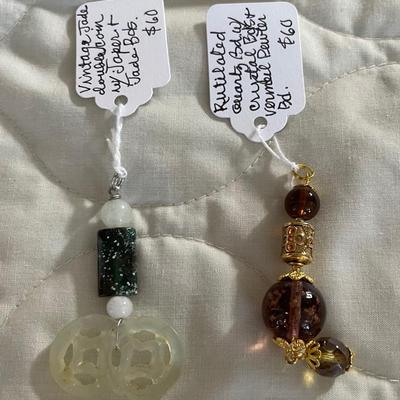 HHC581 - Myrna Lee Chang Double Coin Jade, Jasper, & Quartz Beaded Pendants 