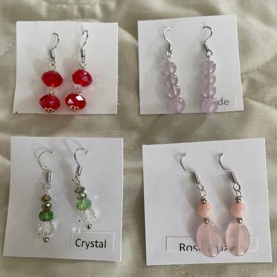 HHC546 - Myrna Lee Chang Crystal, Jade , & Rose Quartz Beaded Earrings 