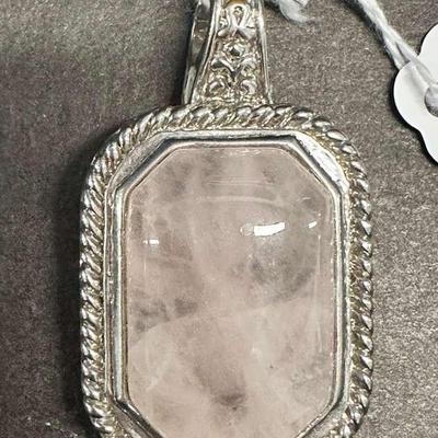 HHC466 Myrna Lee Chang Metal Framed Rose Quartz Rectangle Pendant