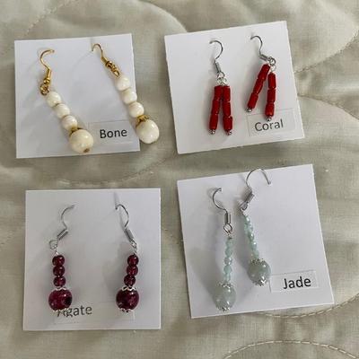 HHC535 - Myrna Lee Chang Agate, Bone, Coral, & Jade Beaded Earrings 