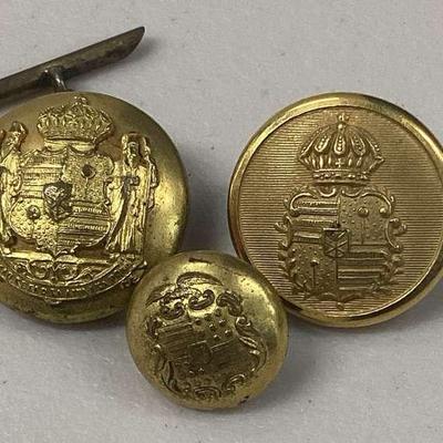 HHC115- Three Gold Military Buttons Prince Kuhio Kalanianaole Kamehameha Logo