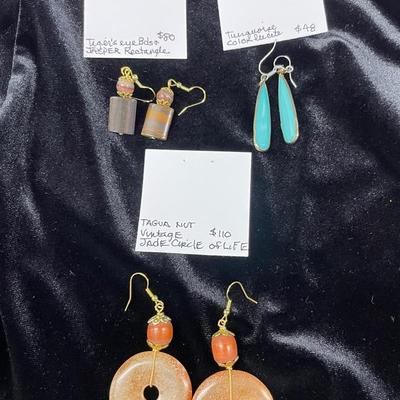 HHC423 - Myrna Lee Chang Tiger’s Eye, Turquoise , & Tagua Nut Earrings