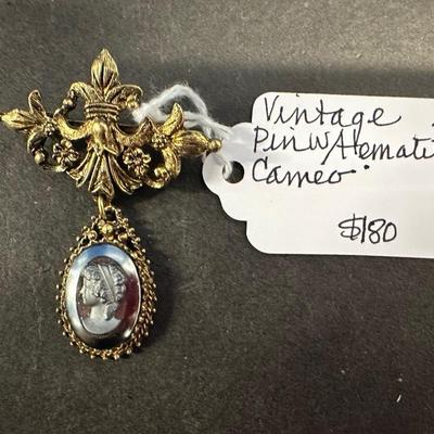 HHC495 Myrna Lee Chang Vintage Pin with Hematite Cameo