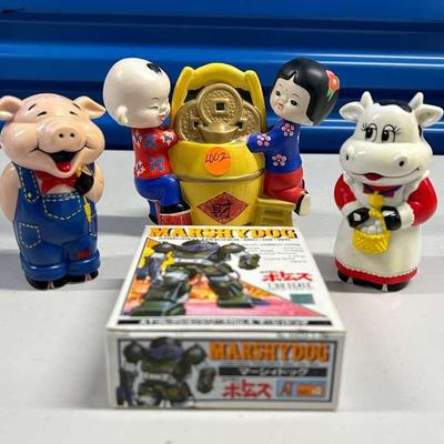 HHC005- Vintage China Coin Bank, Mooing And Oinking Shaker, MarshyDog 
