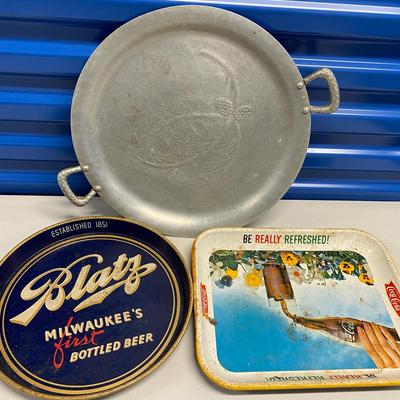 HHC131 - Three Vintage Metal Serving Trays - Coca-Cola, Blatz Beer & Hand Forged Metal