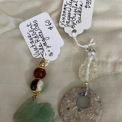 HHC586 - Myrna Lee Chang Jade Rabbit & Jasper Disc With Crystal Buddha Pendants 