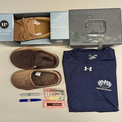 HHC023 ASSORTED SLIPPERS, SLIP ONS, SHIRT, TOOL BOX FLOSS AND LIP STAINS.