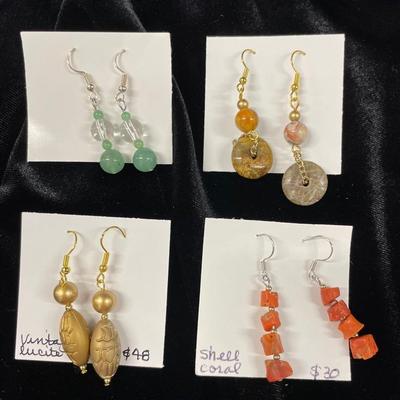 HHC429 - Myrna Lee Chang Dainty Earrings - Coral, Natural Stone, Lucite