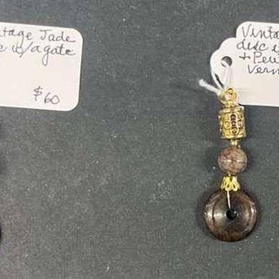HHC465 Myrna Lee Chang Vintage Jade Disk + Pewter Vermeil Pendant And Jade Disk + Agate Pendant