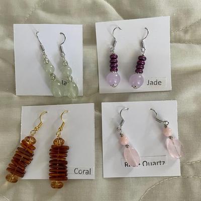 HHC533 - Myrna Lee Chang Jade, Rose Quartz,& Coral Beaded Earrings 