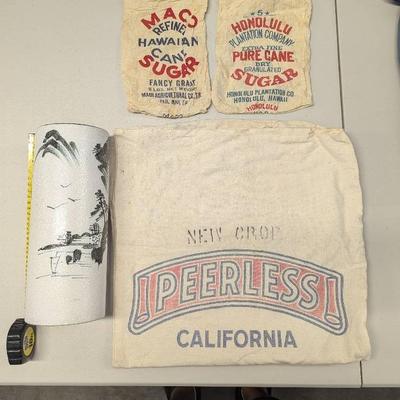 HHC105 - Vintage Hawaii Rice & Cane Sugar Bags and Japanese Vase
