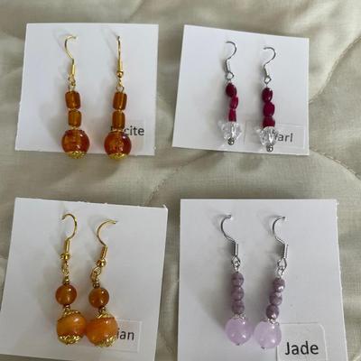 HHC574 - Myrna Lee Chang Carnelian, Jade, Pearl, & Lucite  Beaded Earrings 