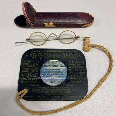 HHC137 - Vintage WWII Emergency Signaling Mirror & Antique Wire Glasses & Case