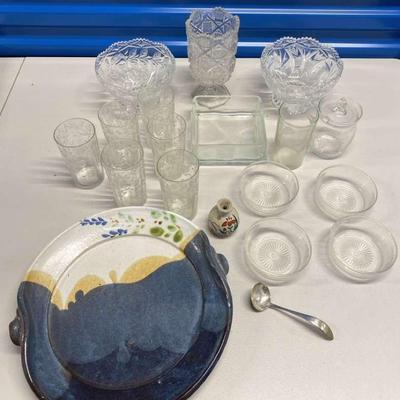 HHC101 - Beautiful Vintage Glass, Cut Crystal, Glass Dishes, Ceramic Platter, Sterling Ladle & More