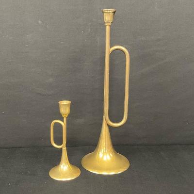 Vintage Brass Trumpet Candlestick Holders