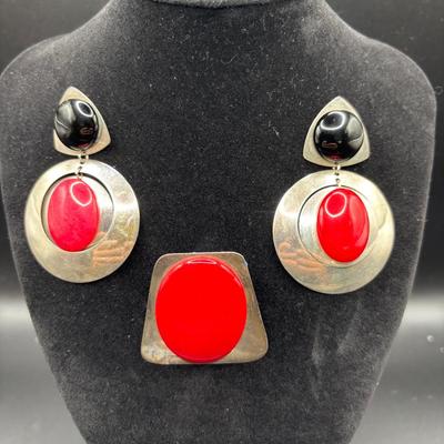 Sale Photo Thumbnail #11: Vintage Sterling Earring And Broach/Pendent Set With Red Coral