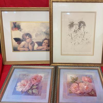 Four Faux Gold Framed Art — Angel Babies and Flowers Prints w/ ORIGINAL 1976 Feminine Pencil Contour