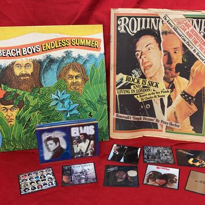 1970s Music Lot - The Beach Boys Endless Summer Record, Elvis Playing Cards, Rolling Stone, & More