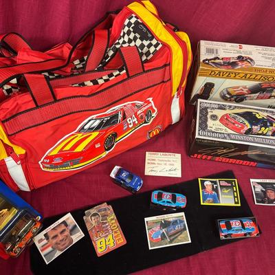 Vintage NASCAR Collectibles Lot – Bill Elliott Duffle, Jeff Gordon, Davey Allison Car Phone & More!