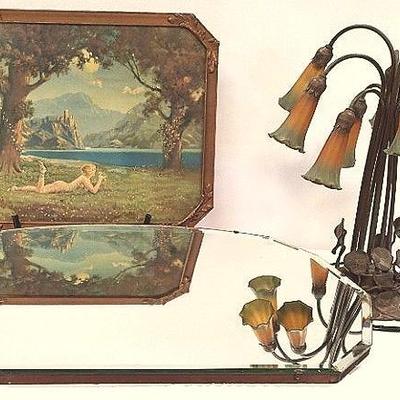 Vintage Tiffany-style Lily Pond Lamp, Wall Mirror & "Elysian Fields Print By R.A. Fox
