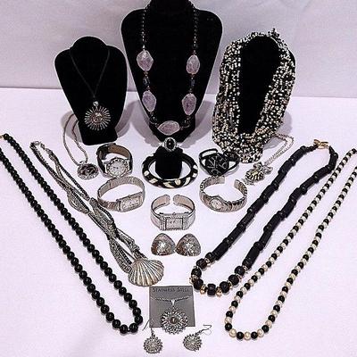 Silvertone And Black Beads, Necklaces & Watches