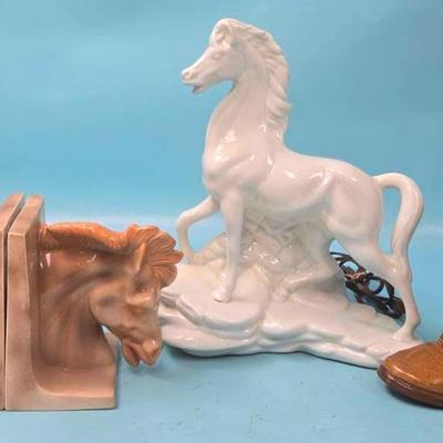 Ceramic Horse Lamp, Bookends, and Cowboy Boot 
