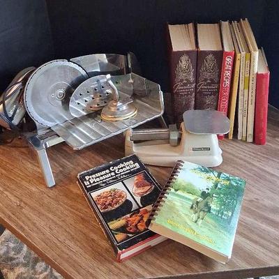 Rival Food Slicer, Pitney-Bowes Scale & Vintage Cookbooks
