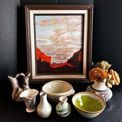 Framed Desert Landscape by Alice Colvin with Southwestern & Studio Pottery