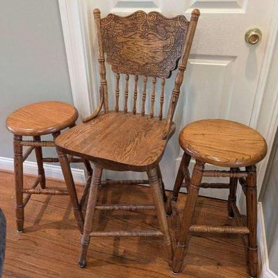 Early American Swivel Barstool & Two Wood Stools