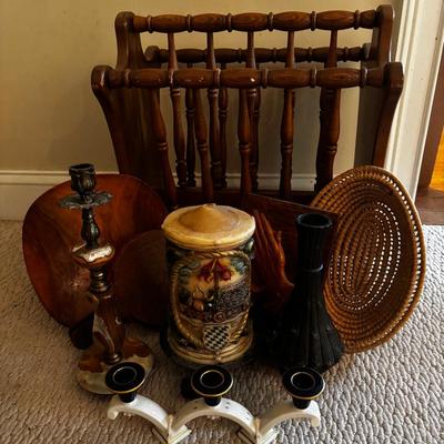 Wood & Brass Decor with German Stein Candle and Magazine Rack