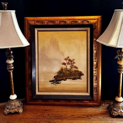 Framed Island Landscape Canvas & Pair of Brass and Marble Lamps